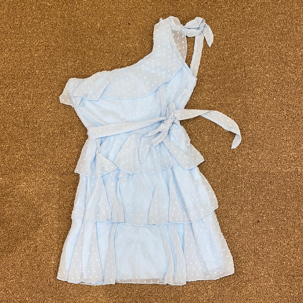 Light Blue Ruffle Dress One Shoulder Tie Size Medium